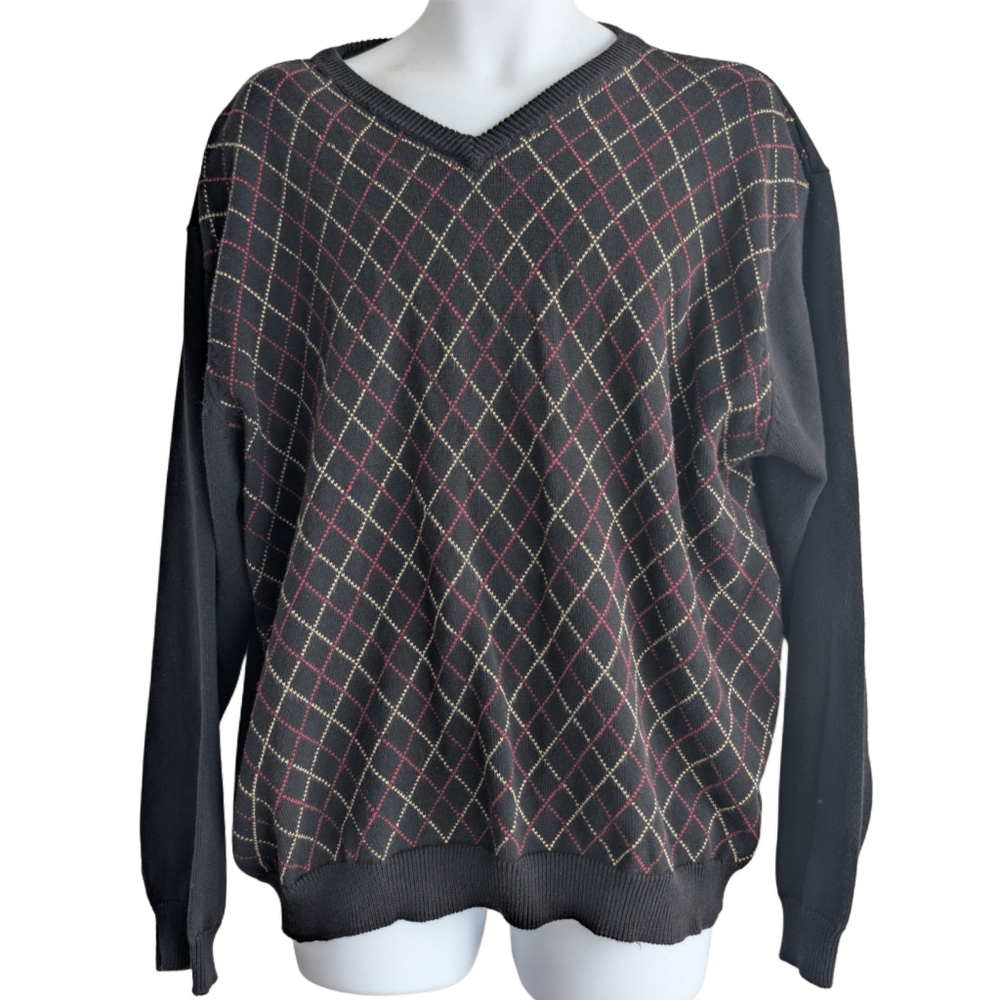 Vintages Weir Golf Men's Large Black‎ Argyle V Neck Knit Long Sleeve Sweater